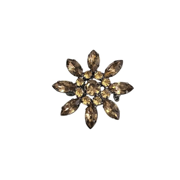 Rhinestone Flower Brooch Pin Champagne Gold Tone Floral Statement Jewelry - Picture 3 of 6